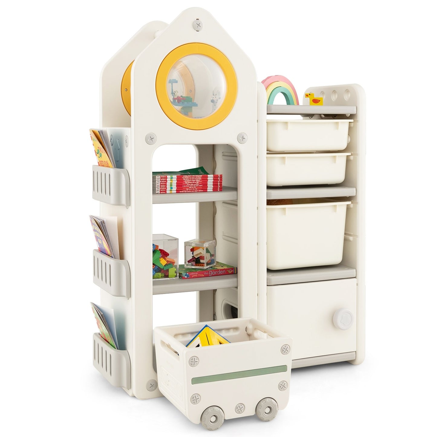 Multipurpose Toy Chest and Bookshelf with Mobile Trolley for Bedroom, Gray