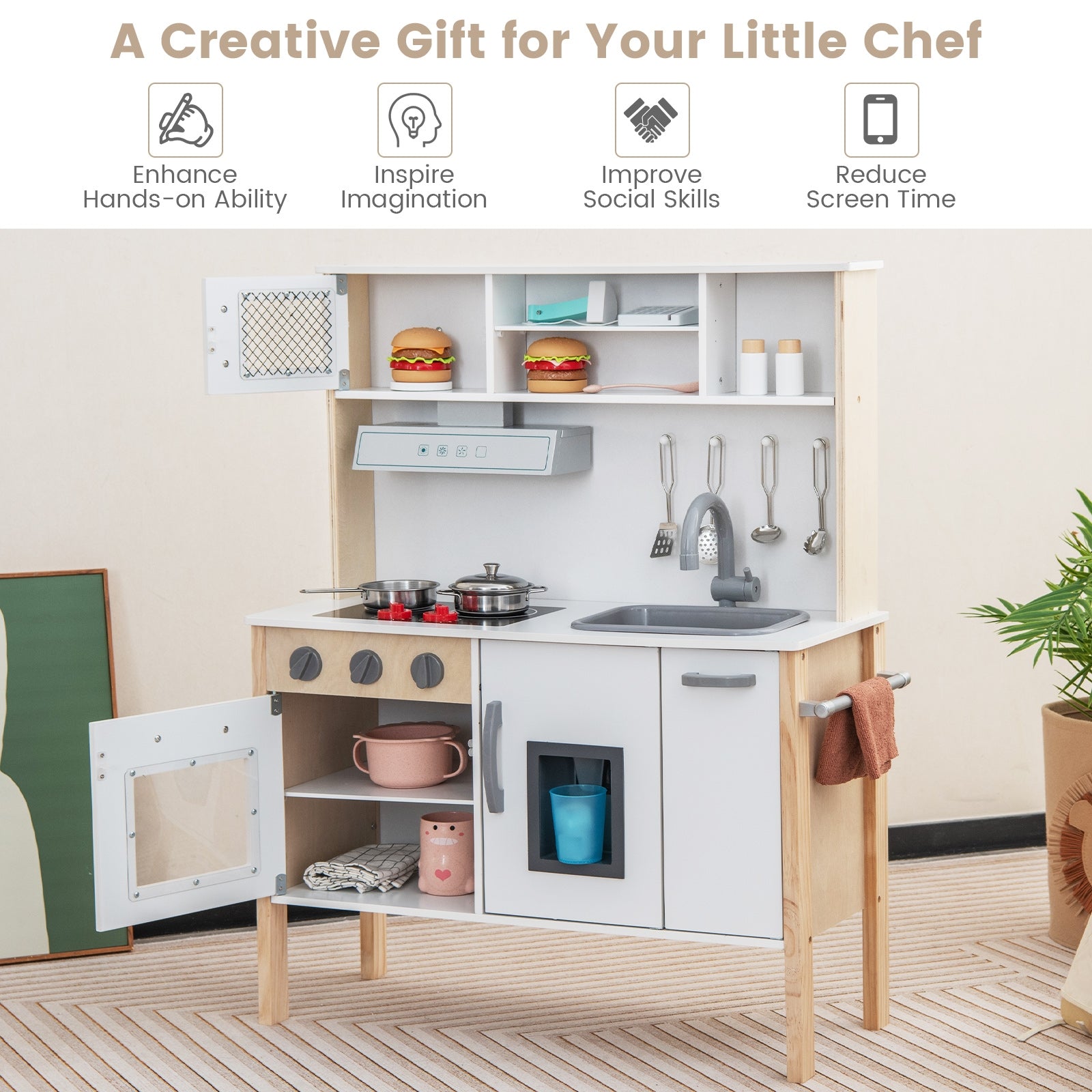Wooden Pretend Play Kitchen Set for Toddlers, White Play Kitchen Sets at Gallery Canada