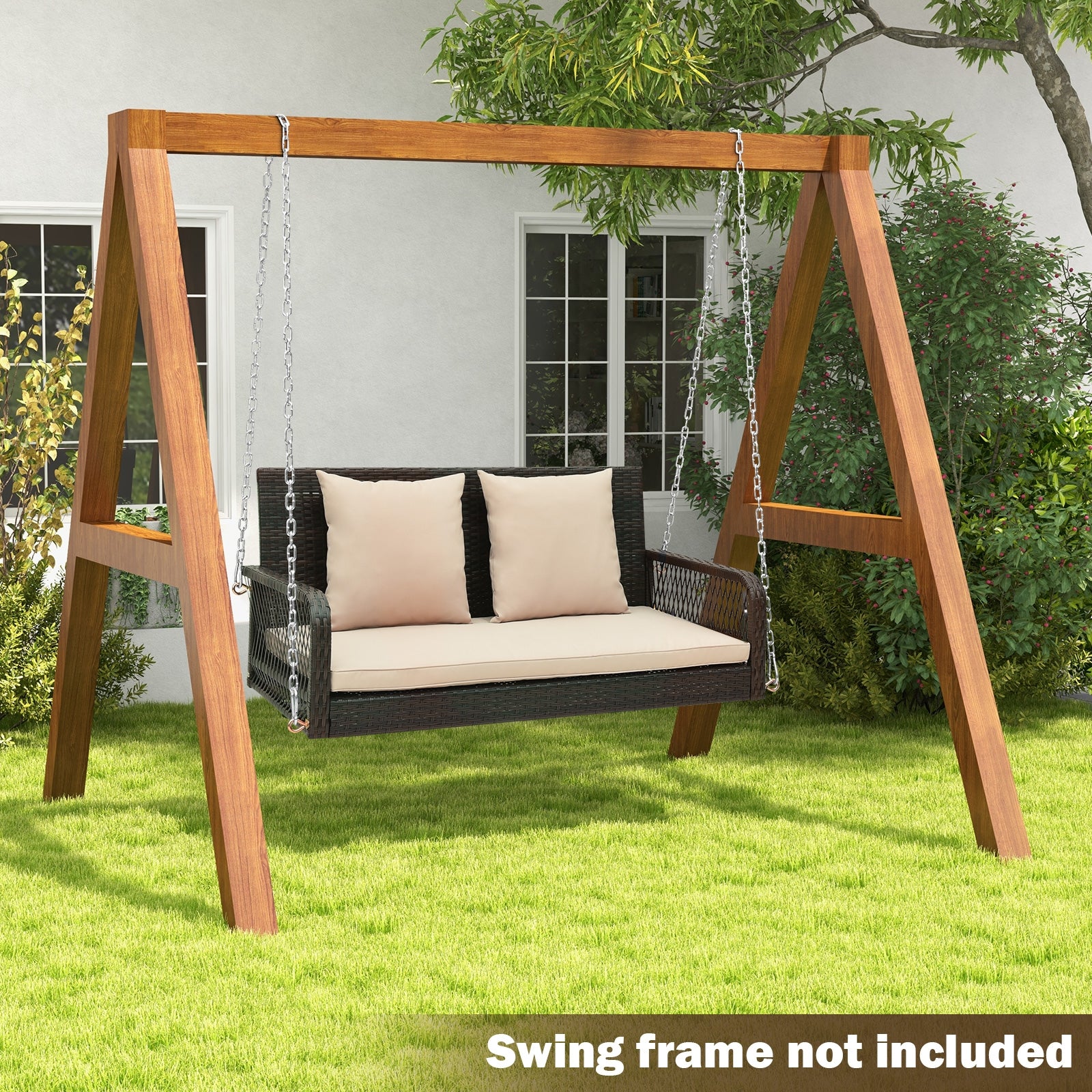 2-Person Outdoor Wicker Porch Swing with Seat and Back Cushions, Beige Porch Swings at Gallery Canada