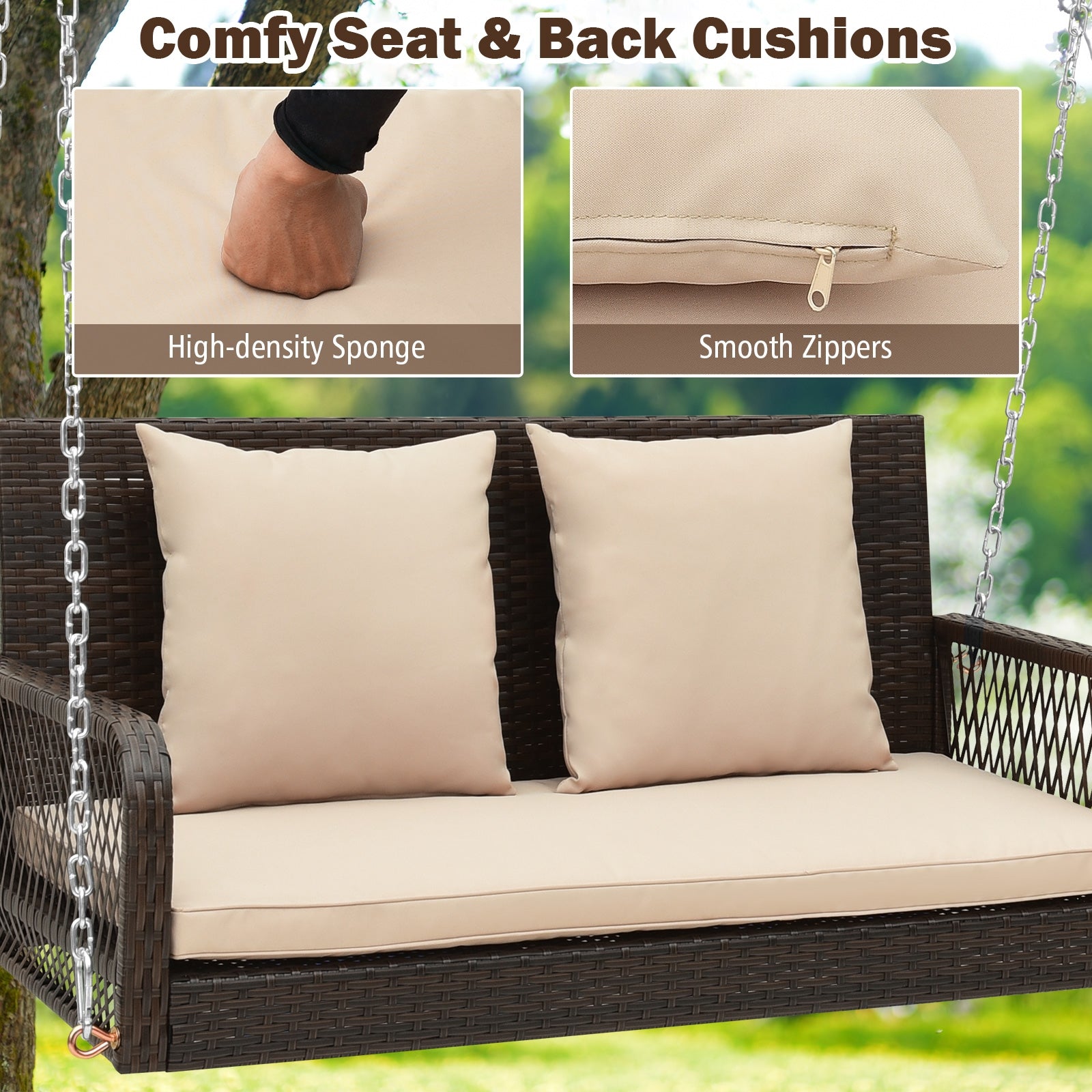 2-Person Outdoor Wicker Porch Swing with Seat and Back Cushions, Beige Porch Swings at Gallery Canada