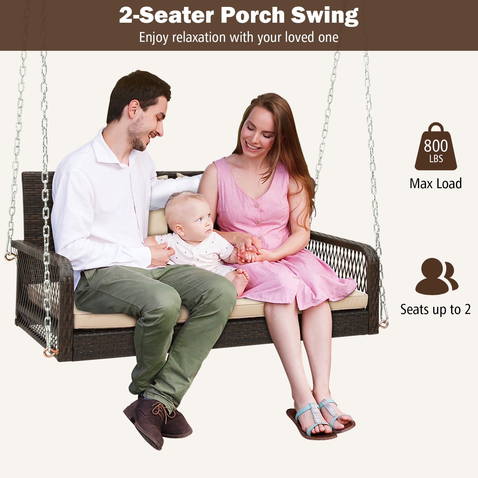 2-Person Outdoor Wicker Porch Swing with Seat and Back Cushions, Beige Porch Swings at Gallery Canada