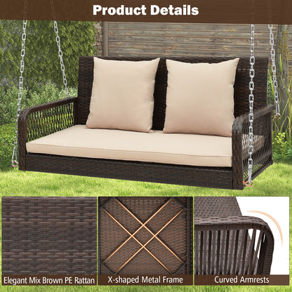 2-Person Outdoor Wicker Porch Swing with Seat and Back Cushions, Beige Porch Swings at Gallery Canada