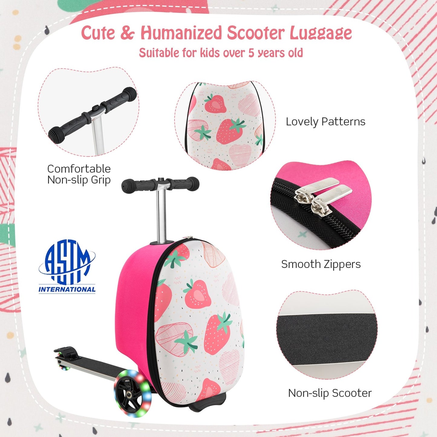 Hardshell Ride-on Suitcase Scooter with LED Flashing Wheels, Pink