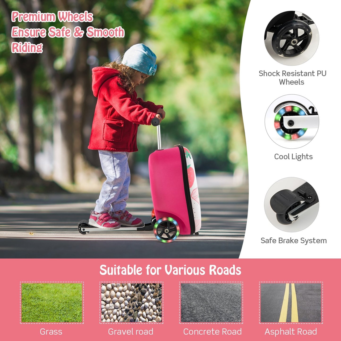 Hardshell Ride-on Suitcase Scooter with LED Flashing Wheels, Pink
