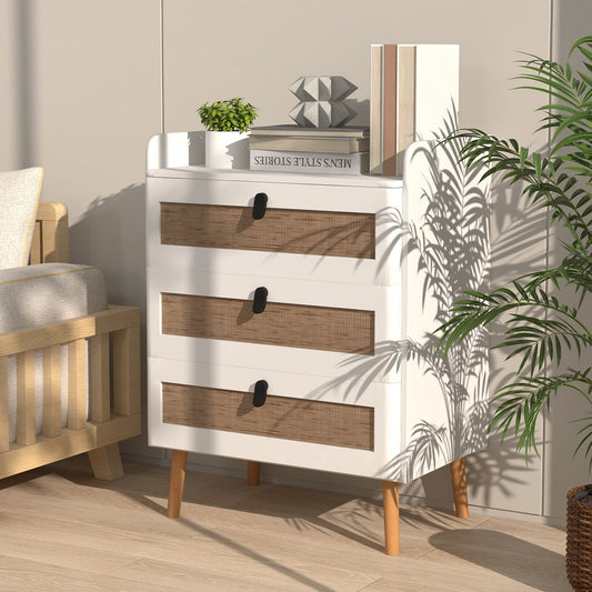 Modern End Table with 3 Rattan Decorated Drawers, White - Gallery Canada
