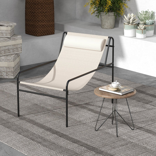 Patio Sling Lounge Chair with Removable Headrest Pillow and Metal Frame, Beige - Gallery Canada