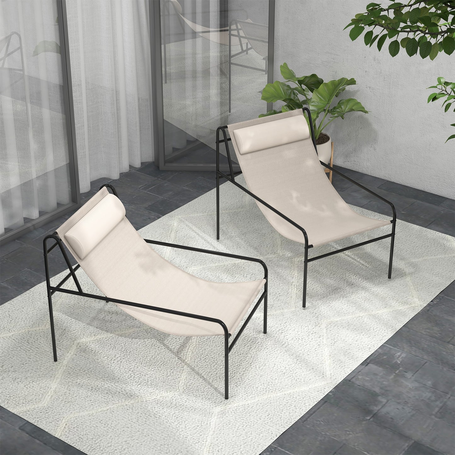Patio Sling Lounge Chair with Removable Headrest Pillow and Metal Frame, Beige Outdoor Chaise Lounges at Gallery Canada