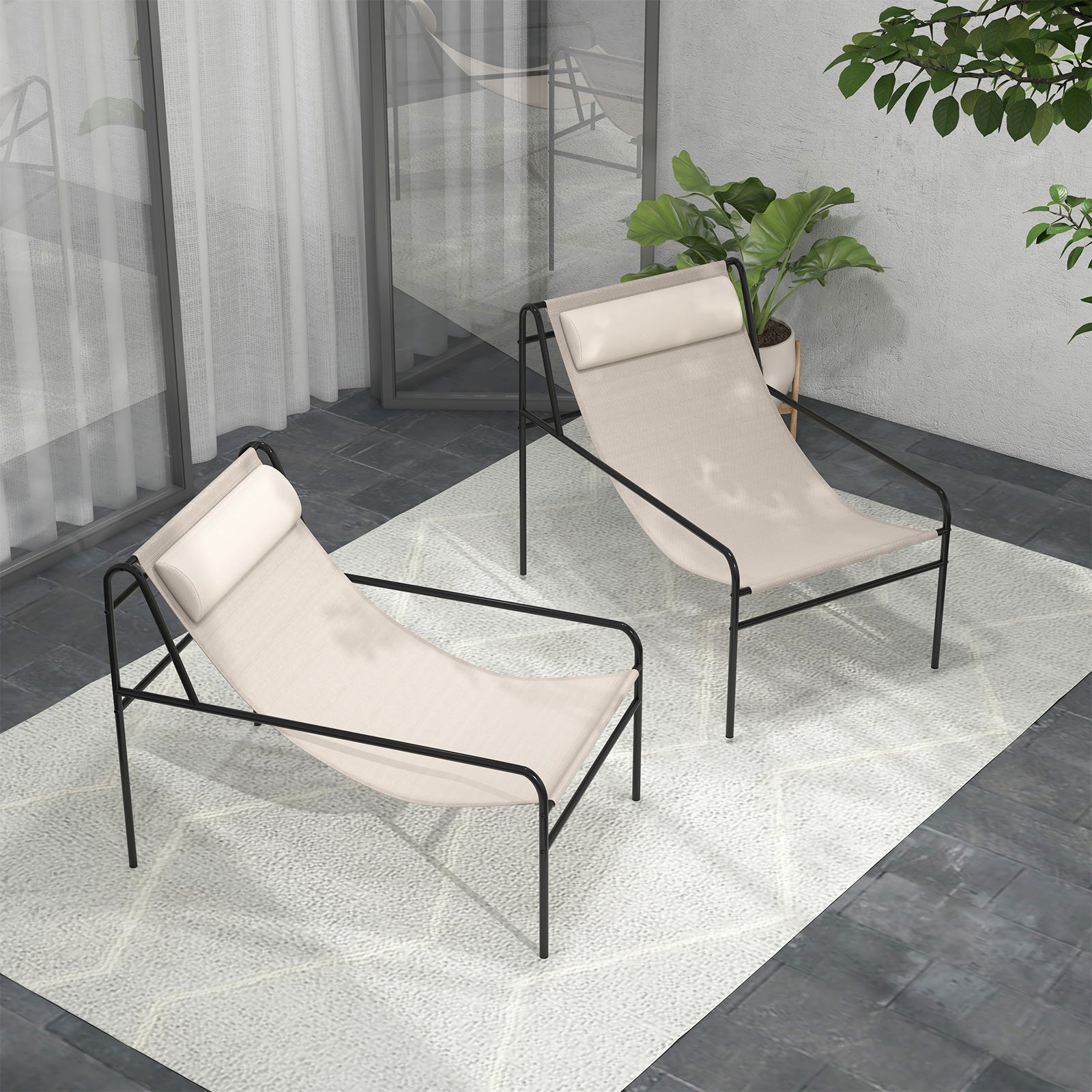 Patio Sling Lounge Chair with Removable Headrest Pillow and Metal Frame, Beige Outdoor Chaise Lounges at Gallery Canada