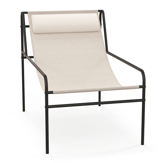 Patio Sling Lounge Chair, Removable Headrest Pillow, Metal Frame, Beige Outdoor Chaise Lounges Beige at Gallery Canada