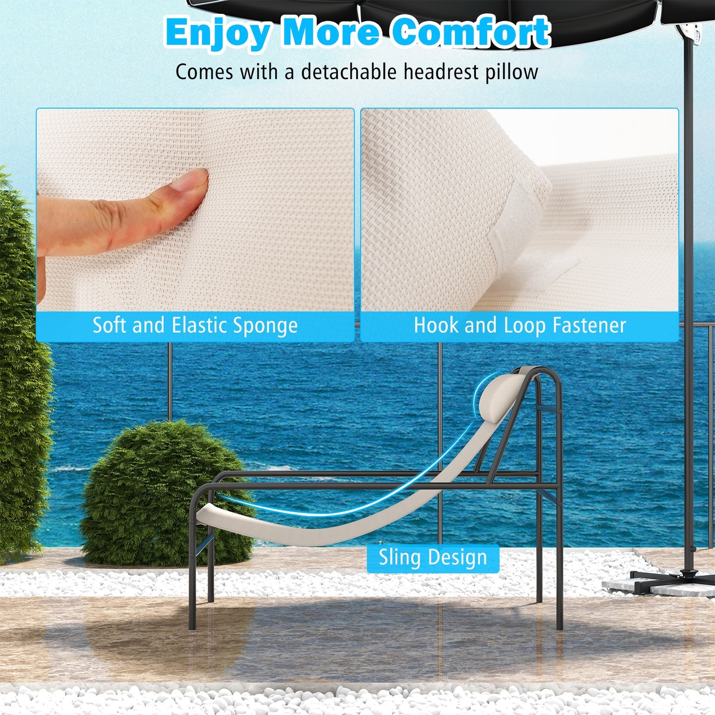 Patio Sling Lounge Chair with Removable Headrest Pillow and Metal Frame, Beige Outdoor Chaise Lounges at Gallery Canada