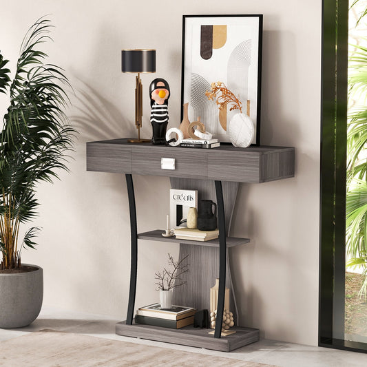 Console Table with Drawer and 2-Tier Shelves for Entryway Living Room, Gray - Gallery Canada