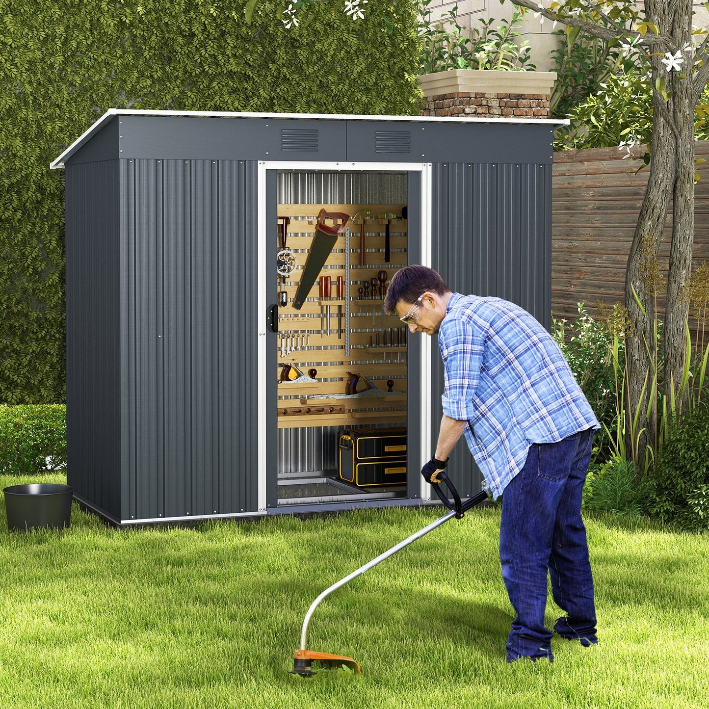 3.6 x 7.1 FT Outside Garden Storage Shed Tool House with Ground Foundation Frame, Dark Green at Gallery Canada