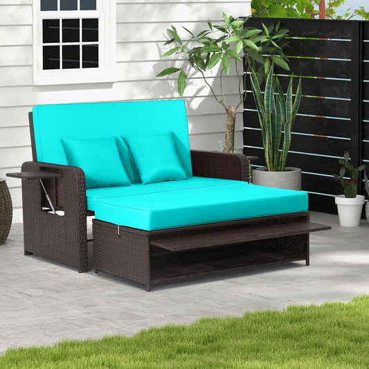 Patio Rattan Daybed with 4-Level Adjustable Backrest and Retractable Side Tray, Turquoise - Gallery Canada
