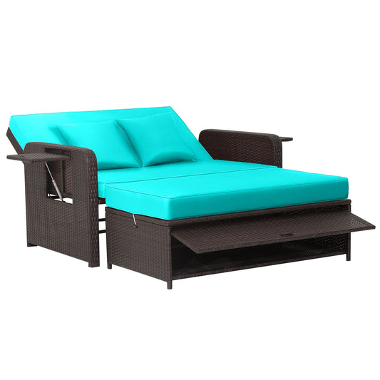 Patio Rattan Daybed with 4-Level Adjustable Backrest and Retractable Side Tray, Turquoise Outdoor Sectionals Turquoise at Gallery Canada