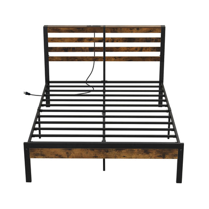 Full Queen Size Bed Frame, Charging Station, Storage Headboard, Brown Simple Bed Frame at Gallery Canada