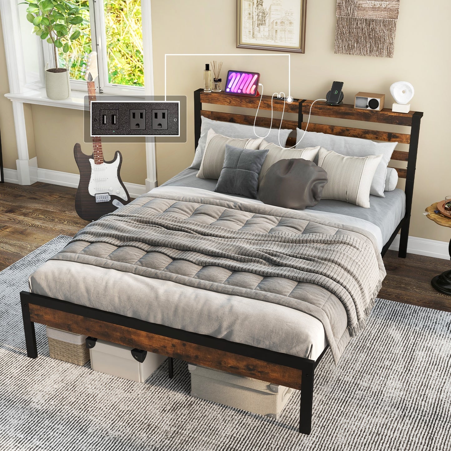 Full/Queen Size Bed Frame with Charging Station and Storage Headboard-Queen Size, Rustic Brown Simple Bed Frame at Gallery Canada