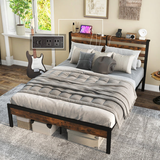 Full/Queen Size Bed Frame with Charging Station and Storage Headboard-Queen Size, Rustic Brown - Gallery Canada