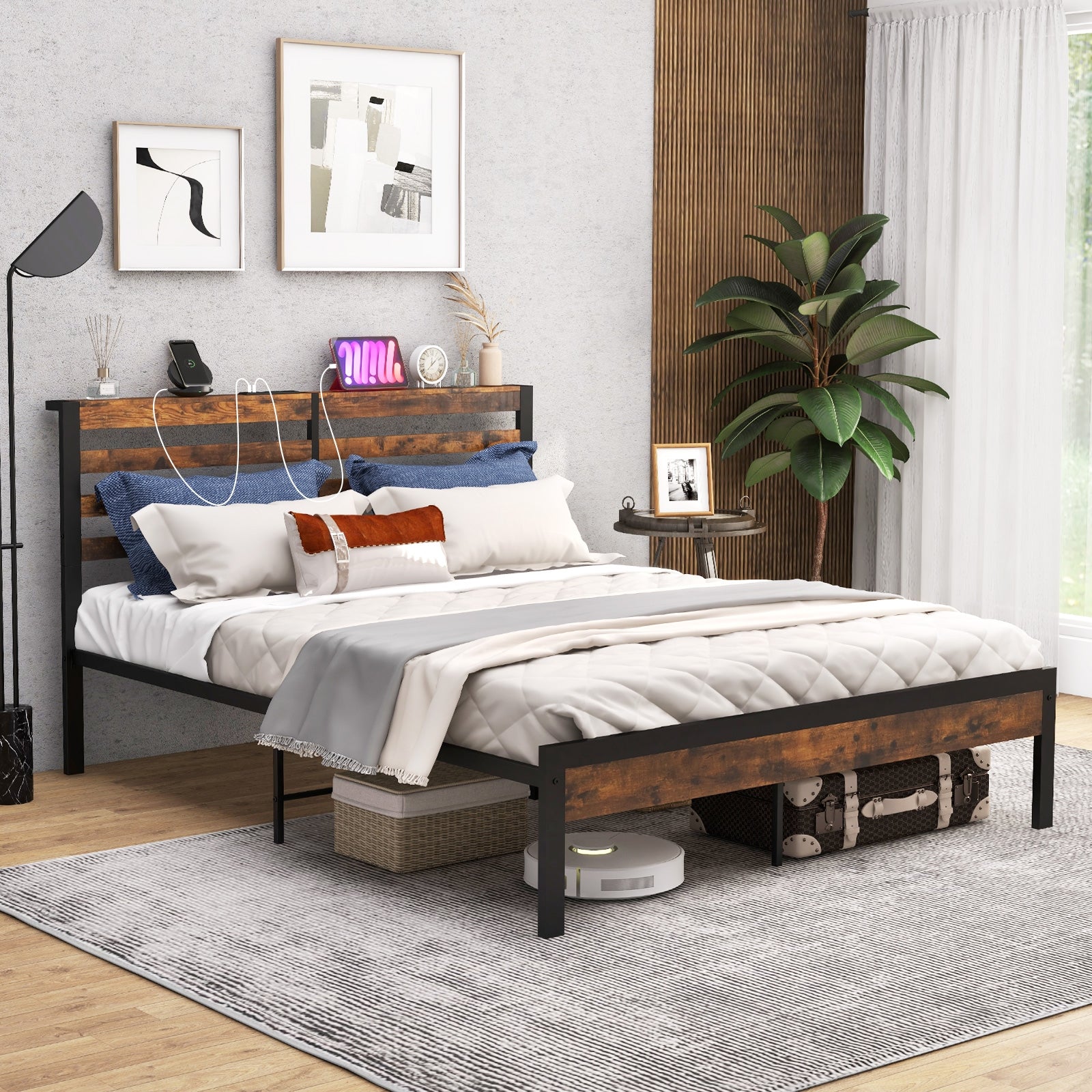 Full/Queen Size Bed Frame with Charging Station and Storage Headboard-Queen Size, Rustic Brown Simple Bed Frame at Gallery Canada