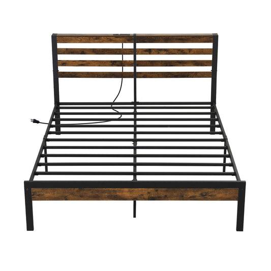 Full/Queen Size Bed Frame with Charging Station and Storage Headboard-Queen Size, Rustic Brown Simple Bed Frame Queen size at Gallery Canada