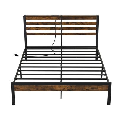 Full/Queen Size Bed Frame with Charging Station and Storage Headboard-Queen Size, Rustic Brown Simple Bed Frame at Gallery Canada