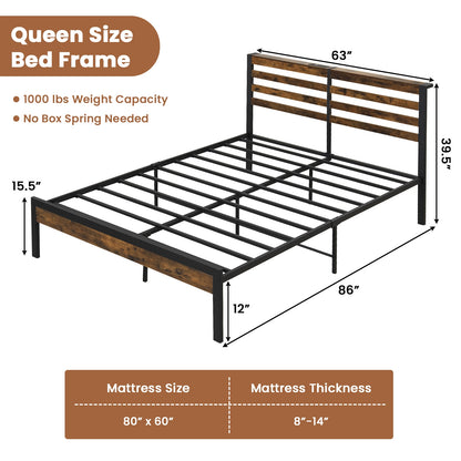 Full/Queen Size Bed Frame with Charging Station and Storage Headboard-Queen Size, Rustic Brown Simple Bed Frame at Gallery Canada