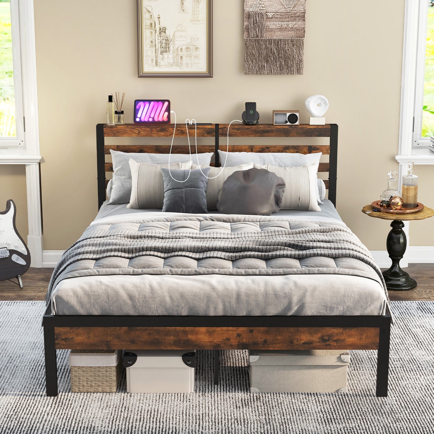 Full/Queen Size Bed Frame with Charging Station and Storage Headboard-Queen Size, Rustic Brown Simple Bed Frame at Gallery Canada