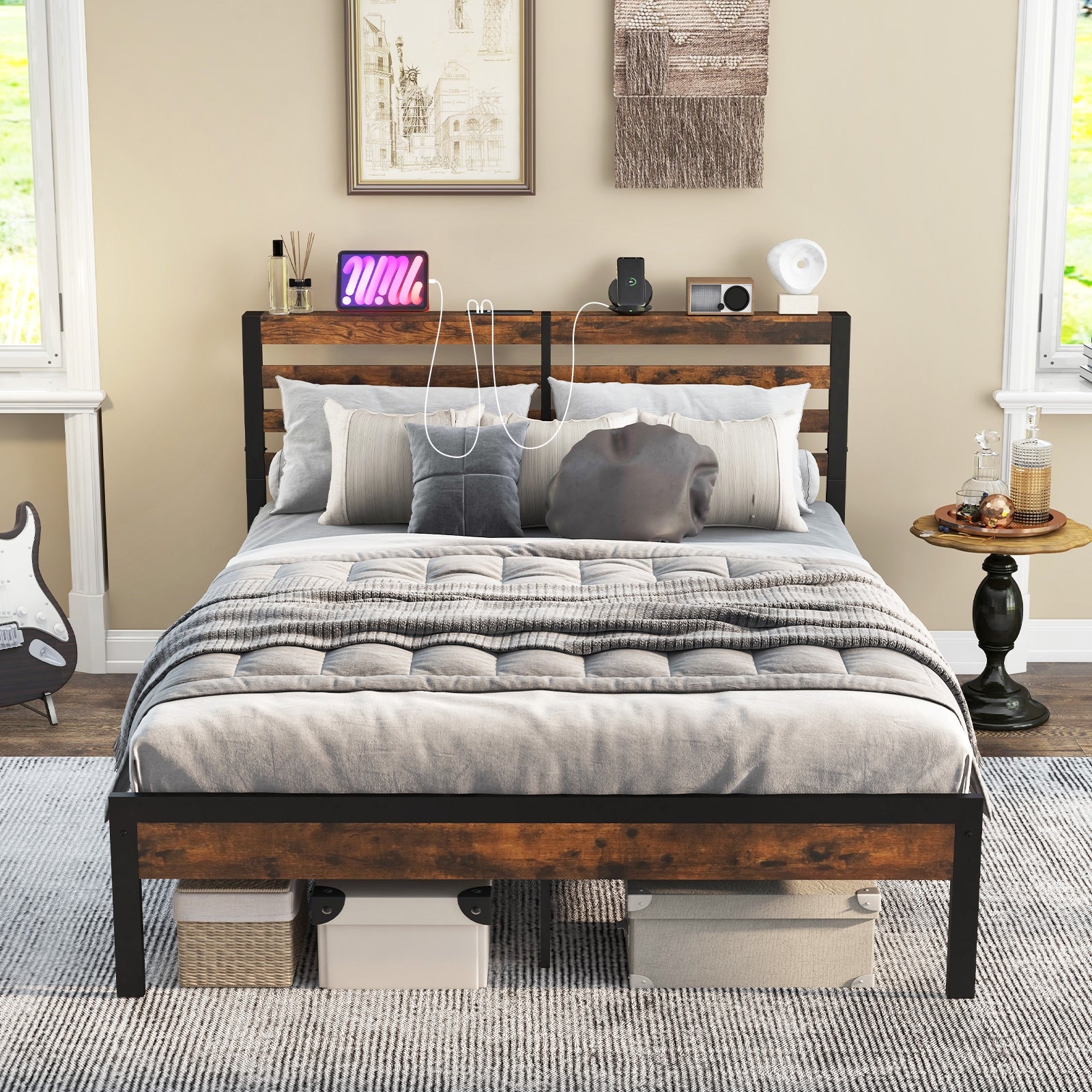 Full/Queen Size Bed Frame with Charging Station and Storage Headboard-Queen Size, Rustic Brown Simple Bed Frame at Gallery Canada