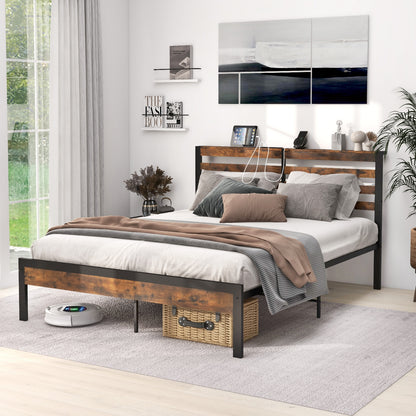 Full/Queen Size Bed Frame with Charging Station and Storage Headboard-Queen Size, Rustic Brown Simple Bed Frame at Gallery Canada