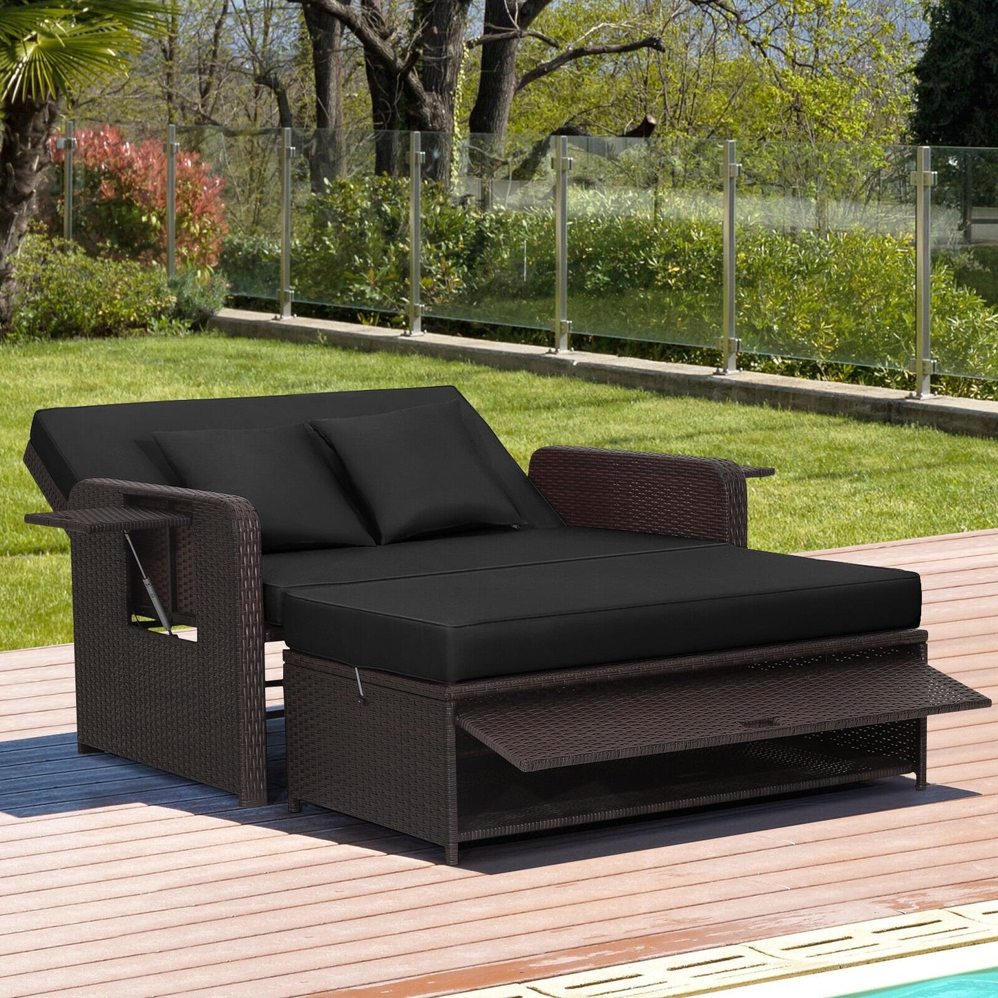 Patio Rattan Daybed with 4-Level Adjustable Backrest and Retractable Side Tray, Black