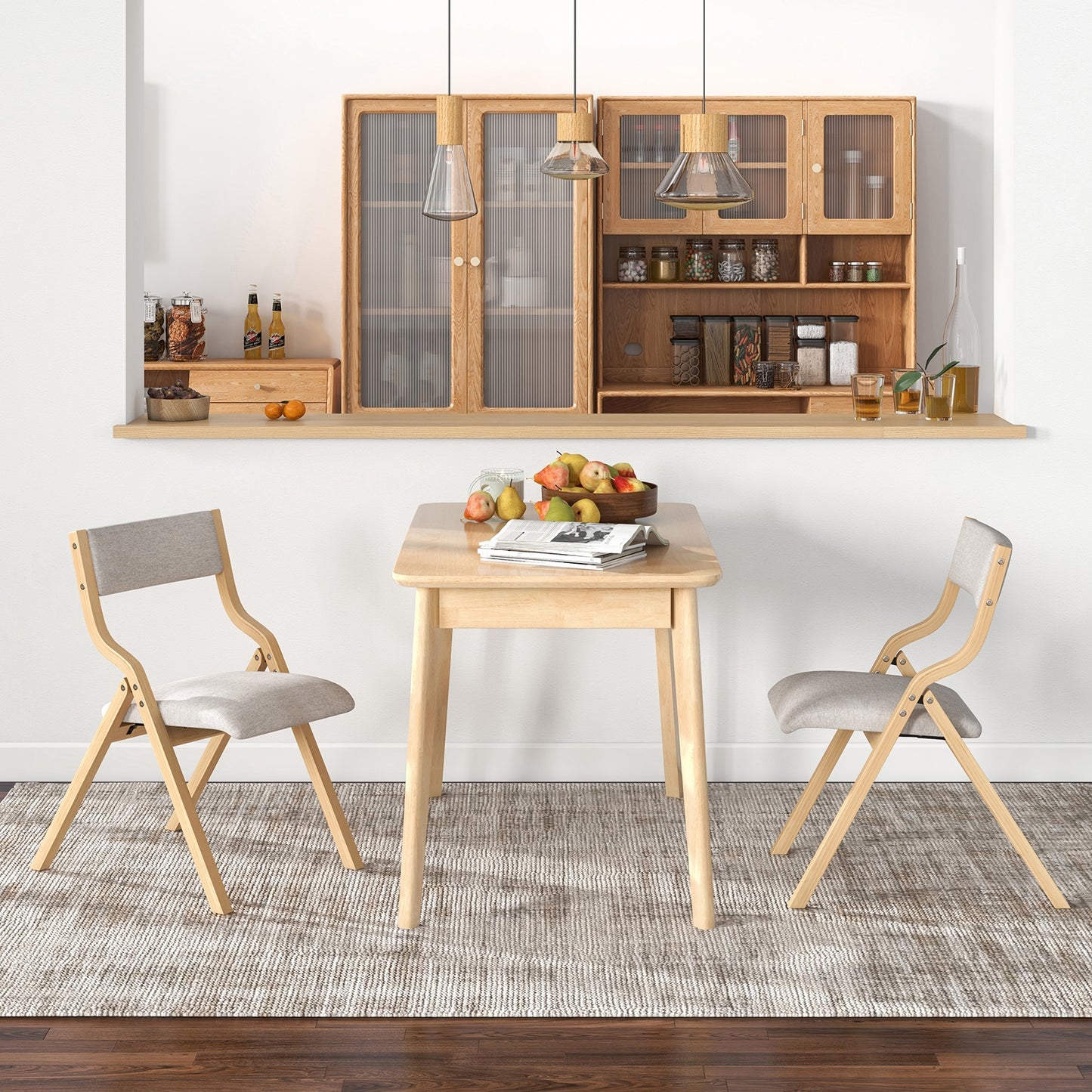 Set of 2 Wooden Folding Dining Chair with Linen Fabric Padded Seat and Backrest, Natural Dining Chairs at Gallery Canada