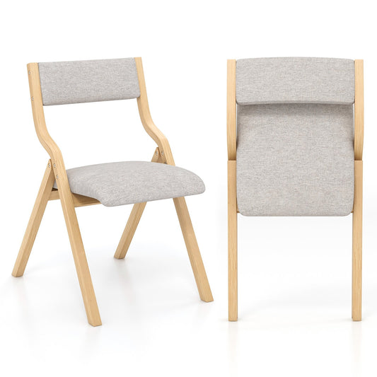 Set of 2 Wooden Folding Dining Chair with Linen Fabric Padded Seat and Backrest, Natural