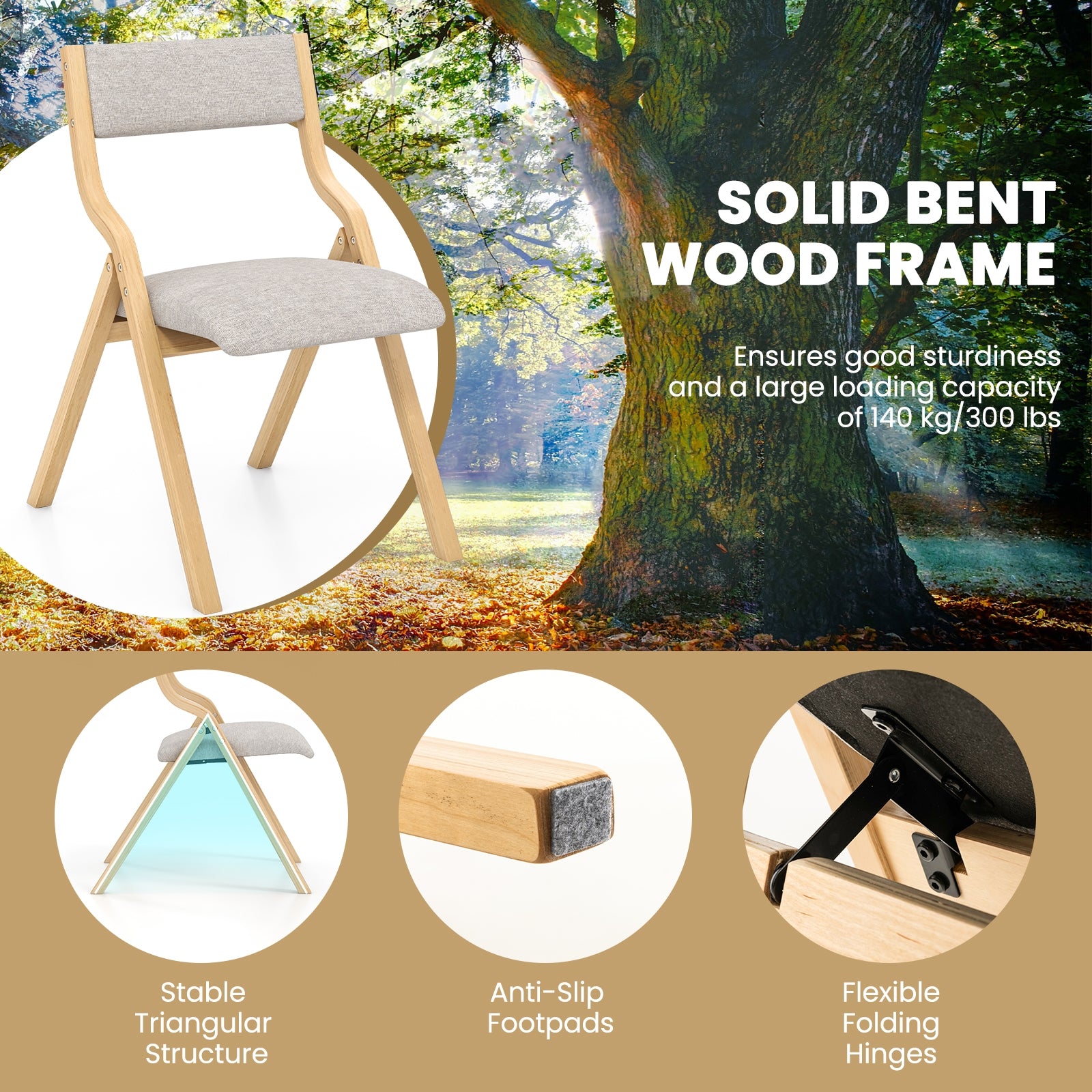 Set of 2 Wooden Folding Dining Chair with Linen Fabric Padded Seat and Backrest, Natural Dining Chairs at Gallery Canada