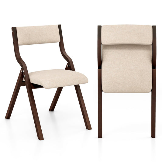 Set of 2 Wooden Folding Dining Chair with Linen Fabric Padded Seat and Backrest, Coffee
