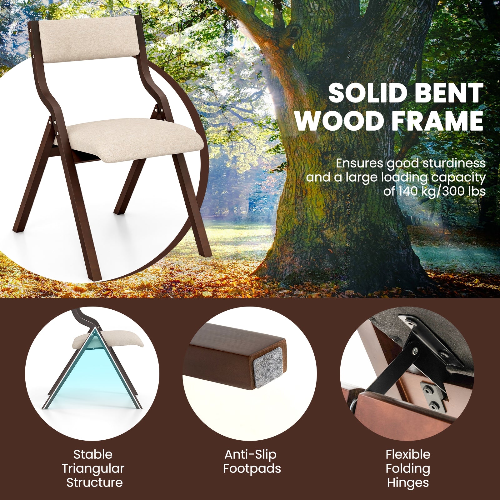 Set of 2 Wooden Folding Dining Chair with Linen Fabric Padded Seat and Backrest, Coffee Dining Chairs at Gallery Canada