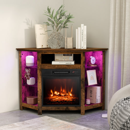 Corner TV Stand With LED Lights, Smart App Control, 50 Inches, Brown Entertainment Centers & TV Stands Rustic Brown at Gallery Canada