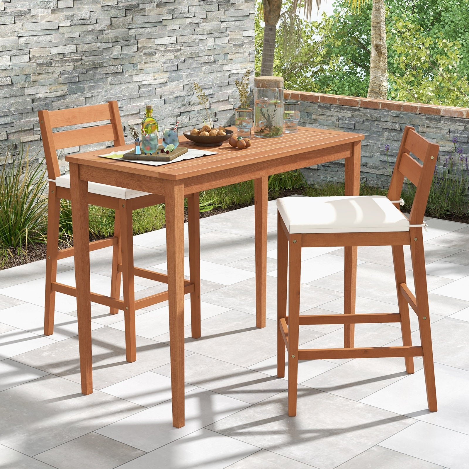 Set of 2 Outdoor Wood Barstools with Soft Seat Cushion, Off White Patio Bar Furniture at Gallery Canada