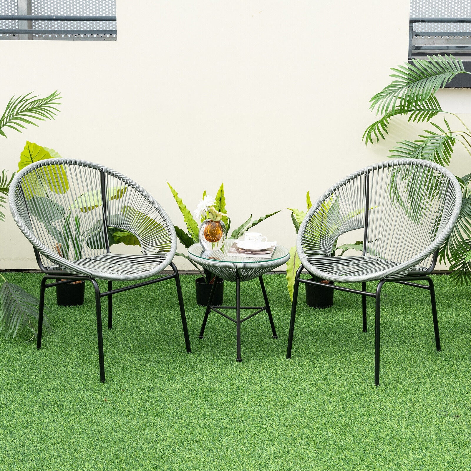 3 Pieces Patio Acapulco Furniture Bistro Set with Glass Table, Gray Patio Conversation Sets at Gallery Canada