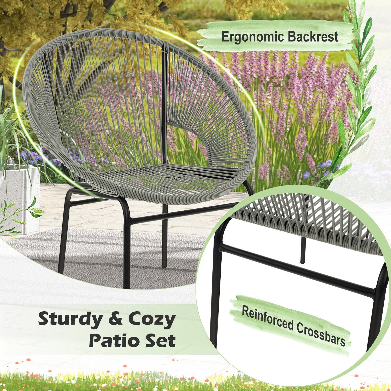 3 Pieces Patio Acapulco Furniture Bistro Set with Glass Table, Gray Patio Conversation Sets at Gallery Canada