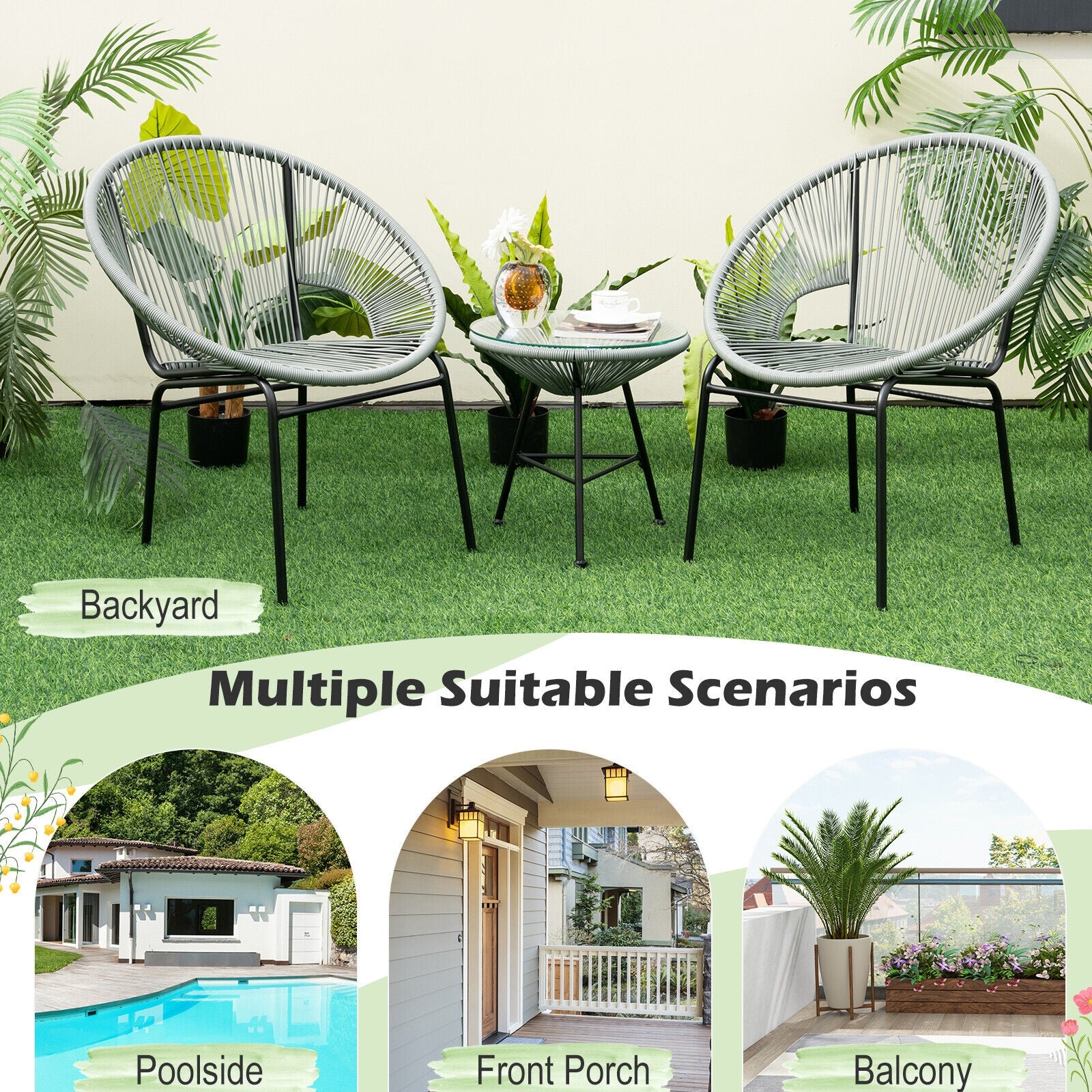 3 Pieces Patio Acapulco Furniture Bistro Set with Glass Table, Gray Patio Conversation Sets at Gallery Canada