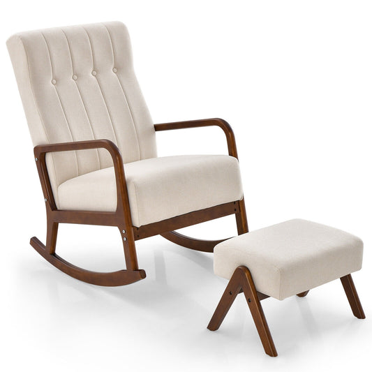 Rocking Chair with Ottoman and Solid Rubber Wood Frame and Padded Cushion, Beige - Gallery Canada