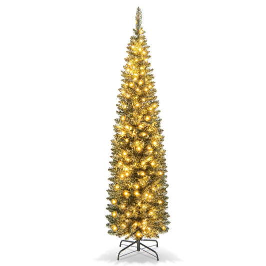 5/6/7/8/9 Feet Pre-lit Pencil Artificial Christmas Tree with 150/180/200//300/400 Warm White LED Lights-6 ft, Green - Gallery Canada