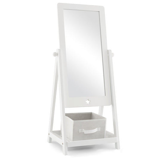 Kids Full Length Wooden Standing Mirror with Bottom Shelf and Foldable Storage Bin, White - Gallery Canada