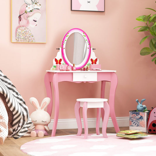 Kids Vanity Table and Stool Set with 360° Rotating Mirror and Whiteboard, Pink - Gallery Canada