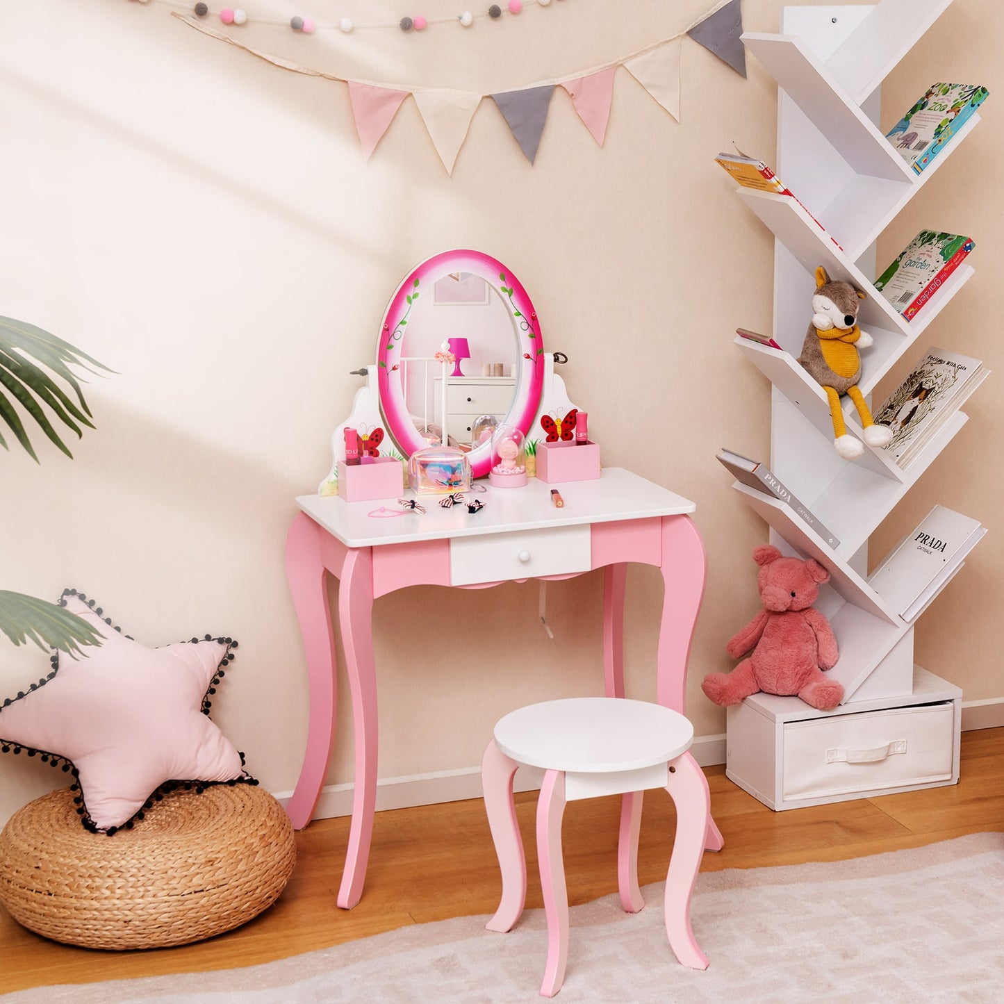 Kids Vanity Table and Stool Set with 360° Rotating Mirror and Whiteboard, Pink Kids Vanities at Gallery Canada