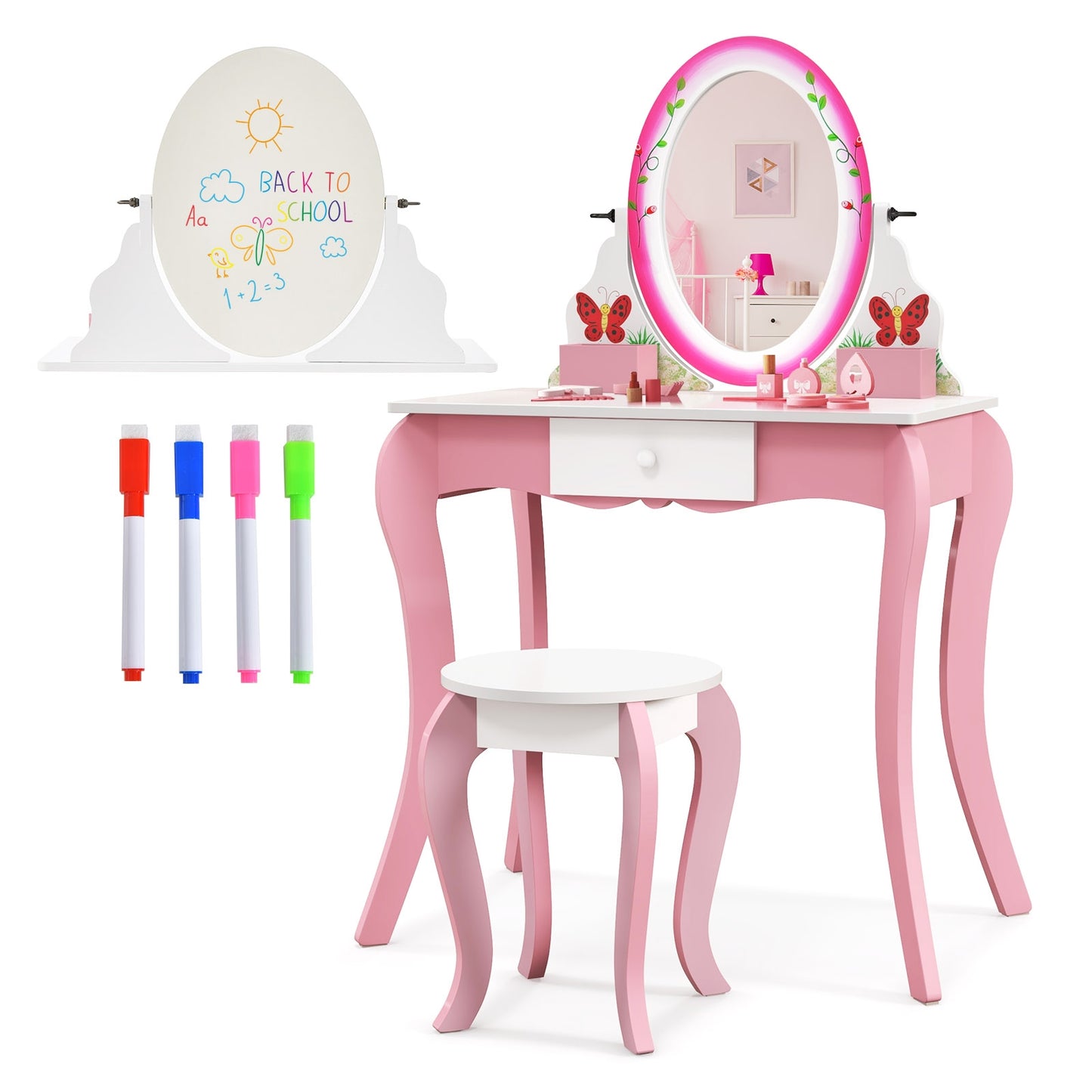 Ensemble de Table de Vanité et Tabouret pour Enfants, Avec Miroir Rotatif et Tableau Blanc, Rose
