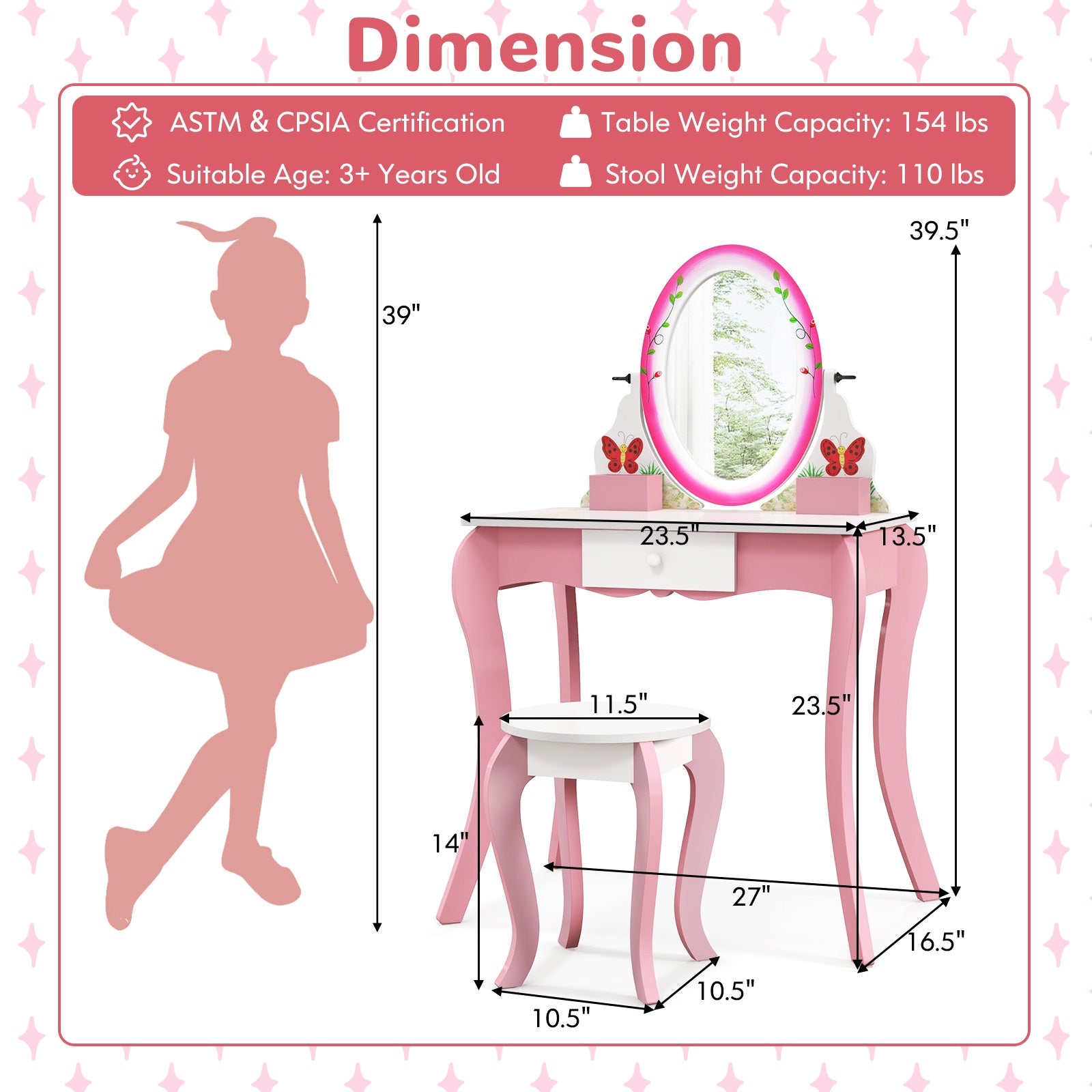 Kids Vanity Table and Stool Set with 360° Rotating Mirror and Whiteboard, Pink Kids Vanities at Gallery Canada