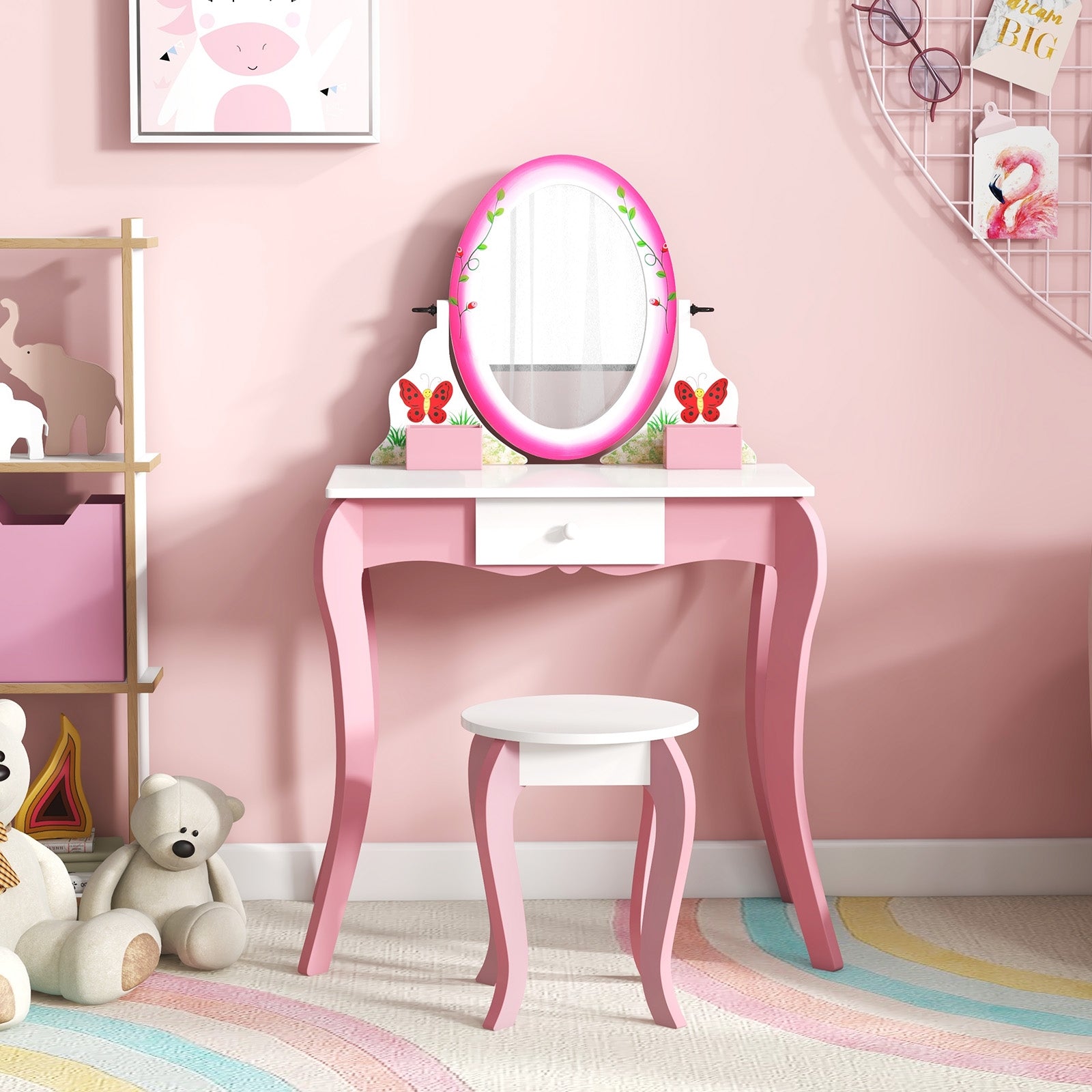 Kids Vanity Table and Stool Set with 360° Rotating Mirror and Whiteboard, Pink Kids Vanities at Gallery Canada