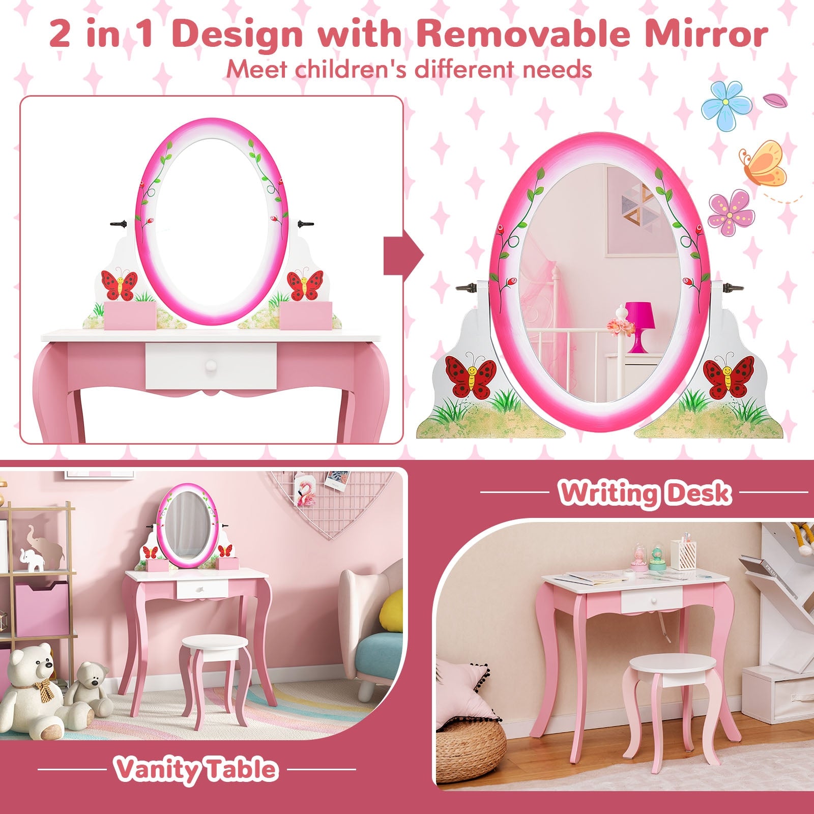 Kids Vanity Table and Stool Set with 360° Rotating Mirror and Whiteboard, Pink Kids Vanities at Gallery Canada