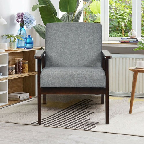 Solid Rubber Wood Fabric Accent Armchair for Living Room, Gray