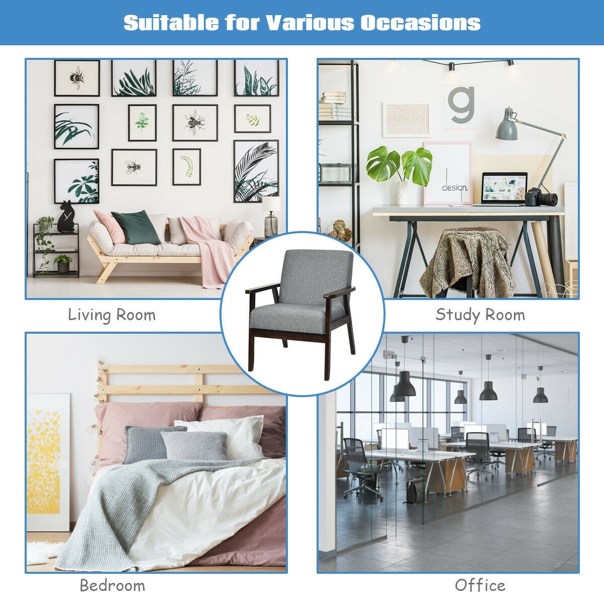 Solid Rubber Wood Fabric Accent Armchair for Living Room, Gray Accent Chairs at Gallery Canada